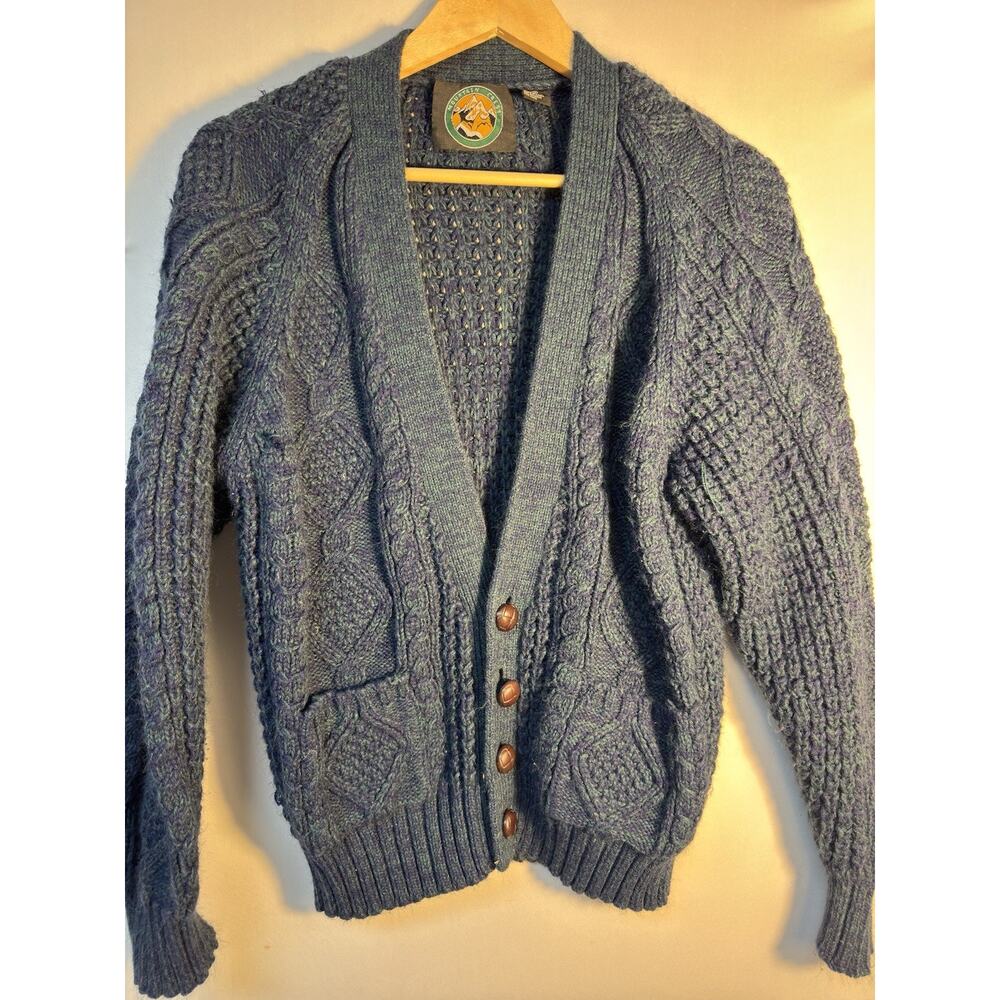 Mountain Creek Chunky Cable‎ Knit Cardigan Blue Green Button Front Sweater VTG